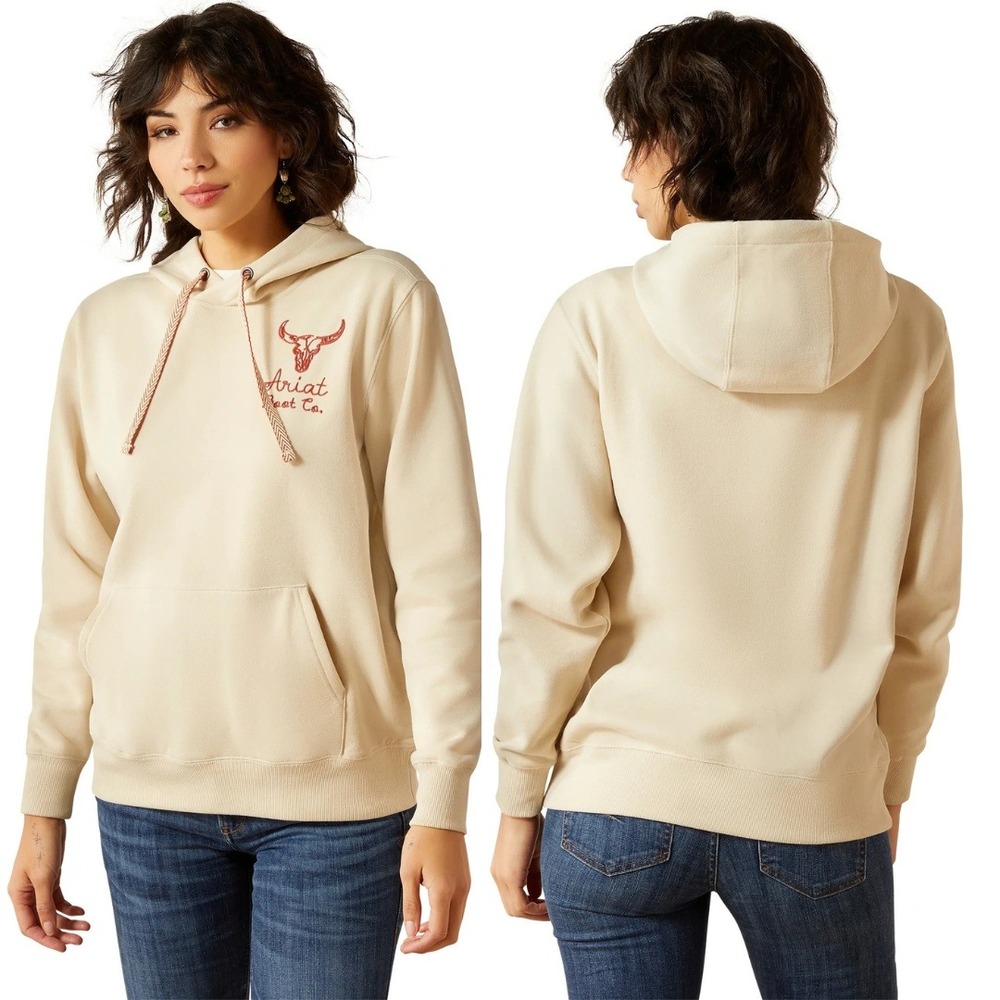 Ariat Stitch Hoodie Womens Sz L Cream Red Bull Skull Ranchwear Western Pullover